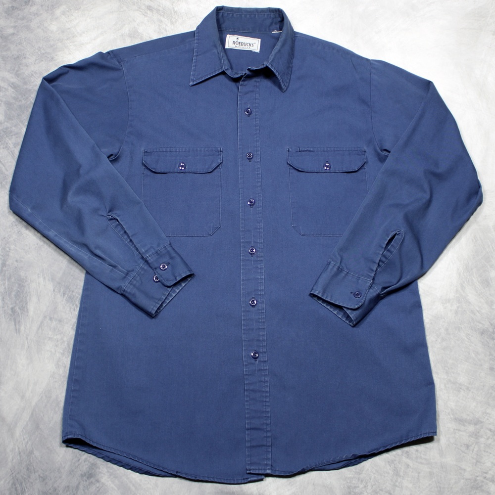Vintage Roebucks Shirt Mens XL Blue Workwear Pockets Long Sleeve Button-Up USA